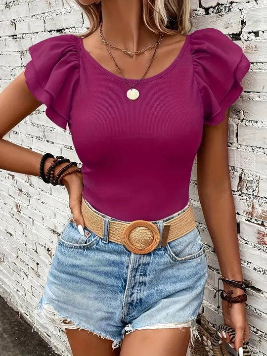 Damen Rippstrickoberteil mit Volants EB