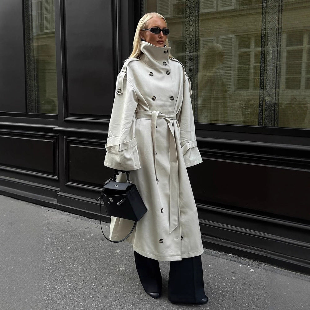 Damen eleganter Mantel mit hohem Kragen und taillierbarem Gürtel EB