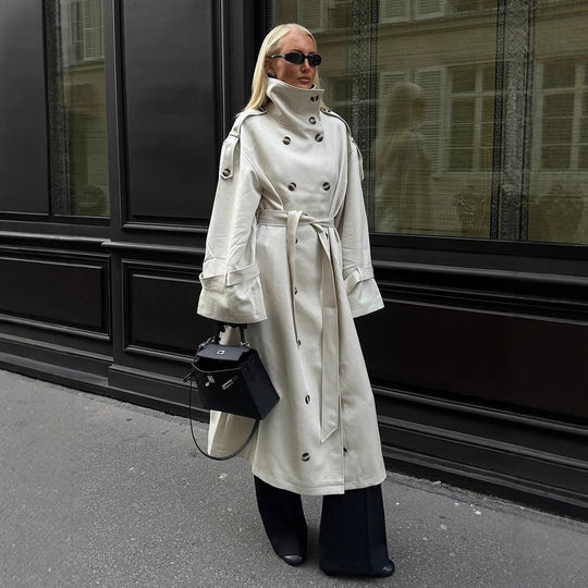 Damen eleganter Mantel mit hohem Kragen und taillierbarem Gürtel EB