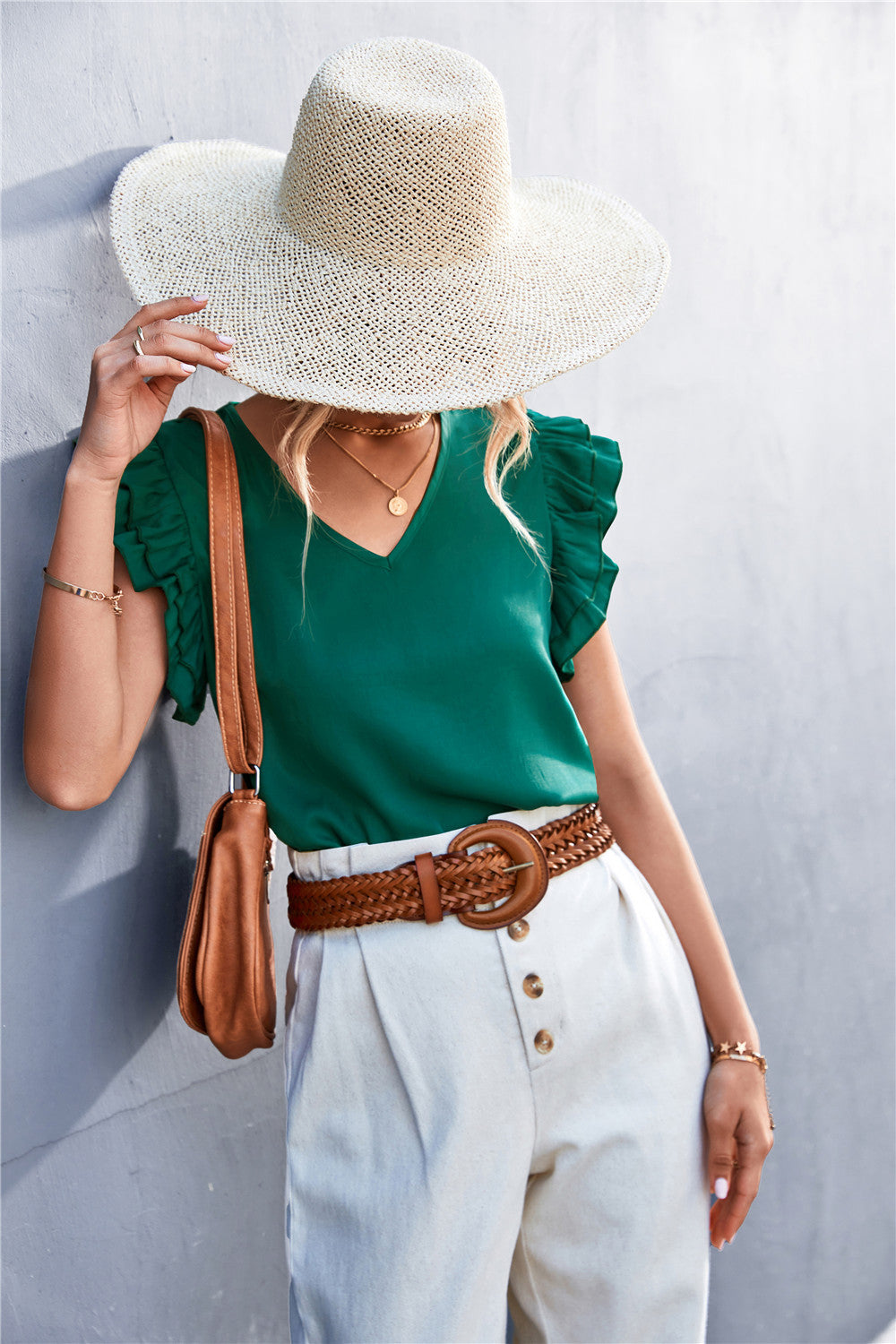 Damen Bluse mit voluminösen Rüschensäumen und V-Ausschnitt EB