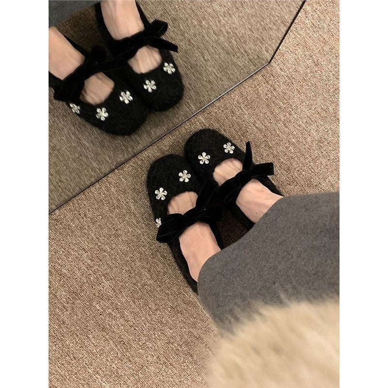 Damen modische Ballerinas mit floralem Dekor und Veloursdetails EB