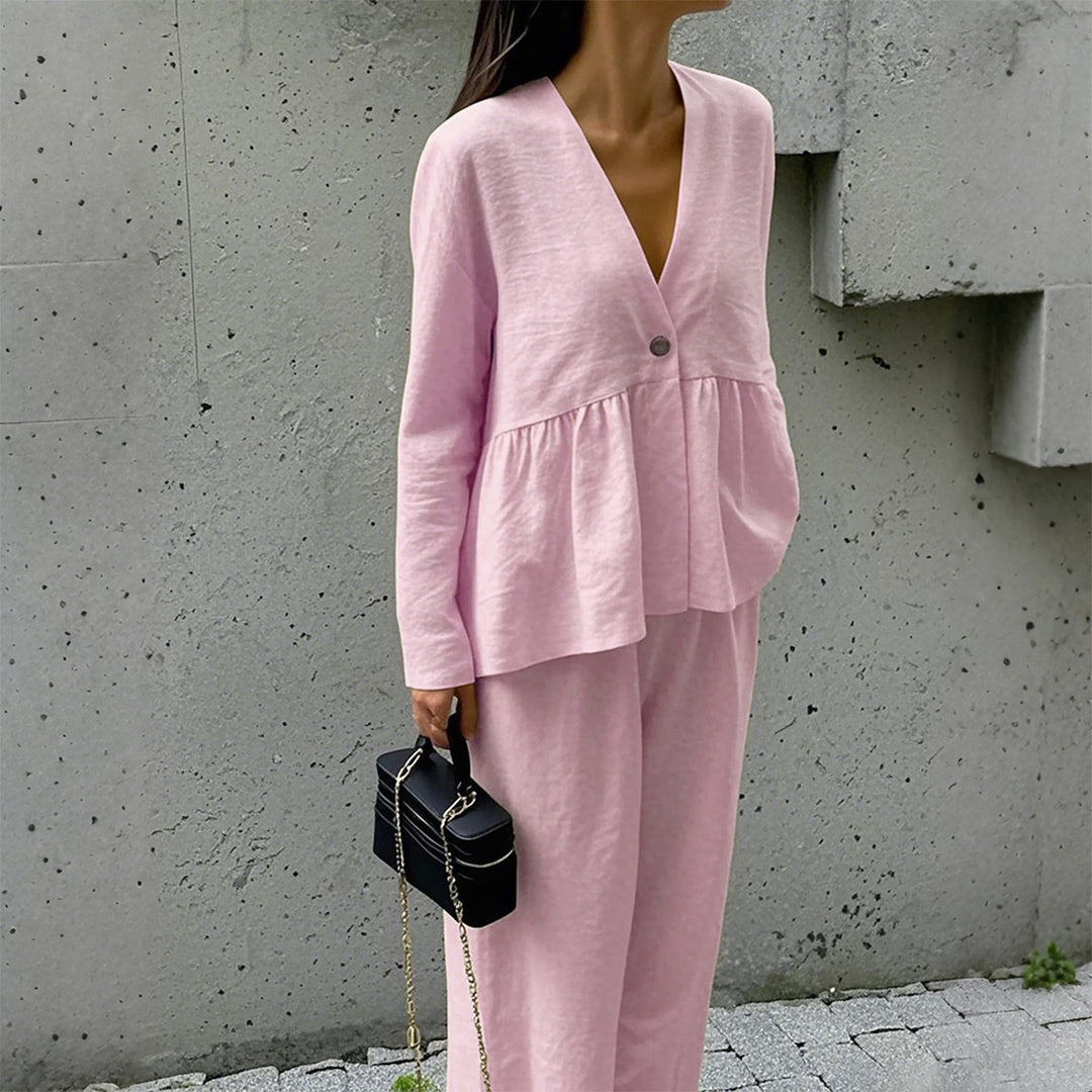 Damen nan legeres Leinenmix-Zweiteiler mit V-Ausschnitt Peplum-Bluse, Einknopfleiste und weitem Palazzo-Hosenbein EB