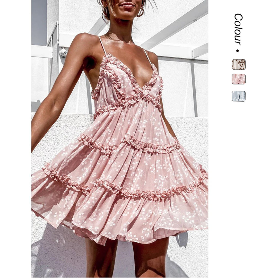 Damen Freizeitkleid mit Rüschendetails und tiefem V-Ausschnitt EB