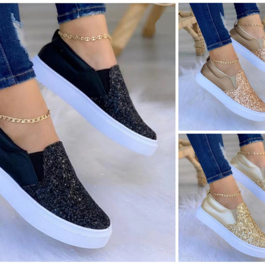 Damen modische Slip-On Sneakers mit Glitzer und atmungsaktiver Sohle EB