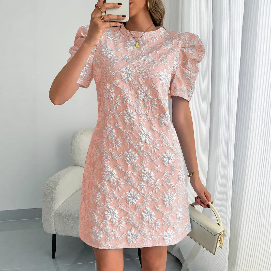 Damen Mini-Kleid mit Puffärmeln und floralem Stickdesign EB