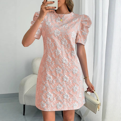 Damen Mini-Kleid mit Puffärmeln und floralem Stickdesign EB
