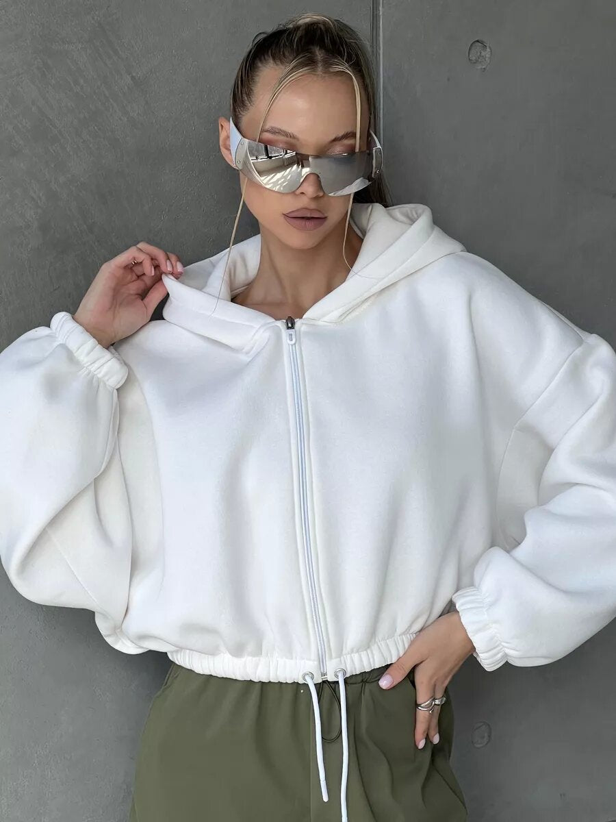 Damen nan kurzes Oversize-Kapuzensweatshirt mit Halbzip und Kordelzugbund EB