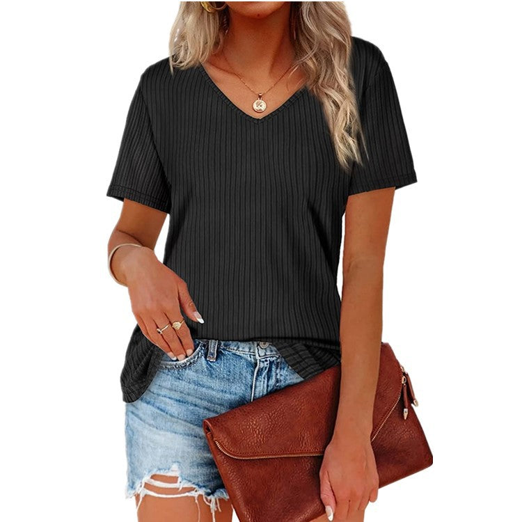 Damen Viskose T-Shirt mit feinem Rippstrickmuster und lässigem V-Ausschnitt EB