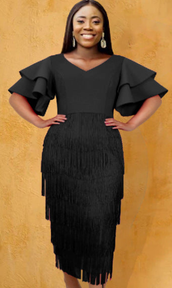 Damen Cocktailkleid mit voluminösen Rüschenärmeln und Fransen-Saum EB