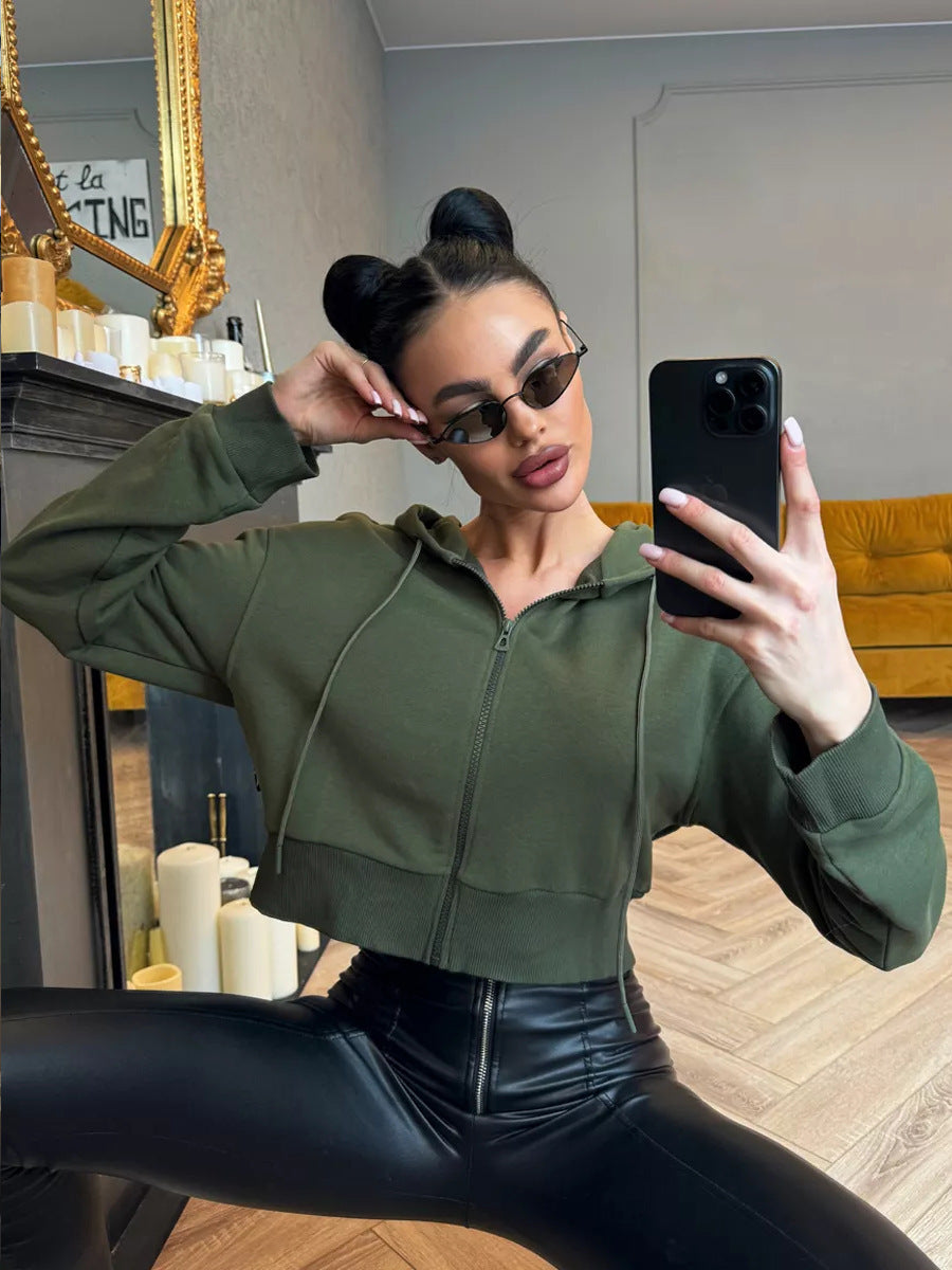 Damen Cropped Kapuzenjacke mit kurzem Reißverschluss und breitem Rippbund EB