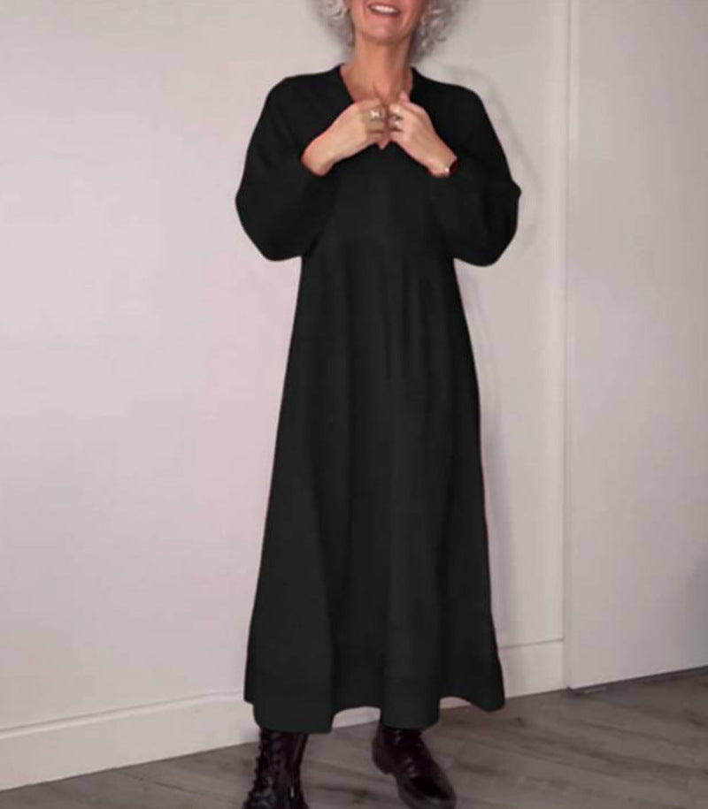 Damen Maxikleid mit elegantem V-Ausschnitt und bequemen langen Ärmeln EB