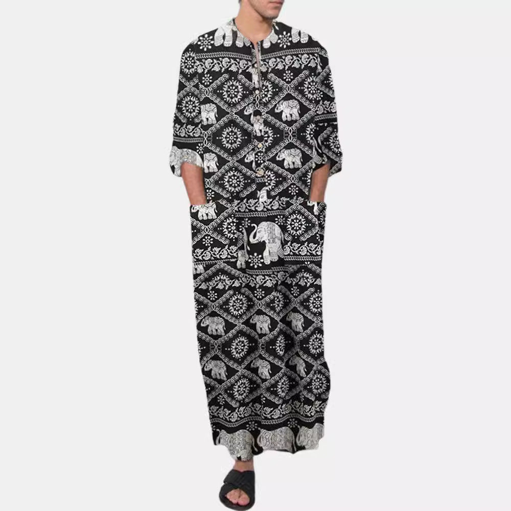 Damen nan Ethno-Maxikleid mit Stehkragen, kurzer Knopfleiste, überschnittenen Ärmeln und A-Linien-Schnitt EB