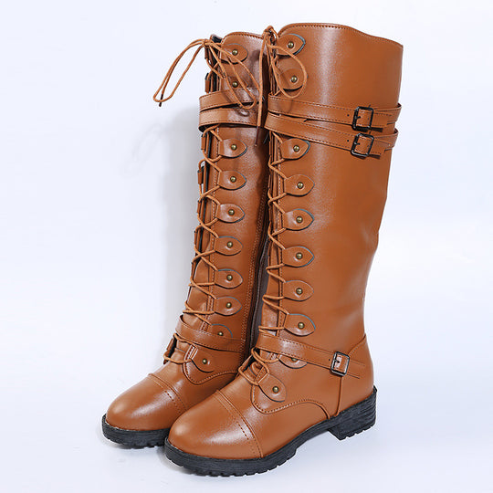Damen  kniehohe Schnürstiefel mit seitlichem Reißverschluss, verstellbaren Zierriemen und profilierter Gummisohle EB