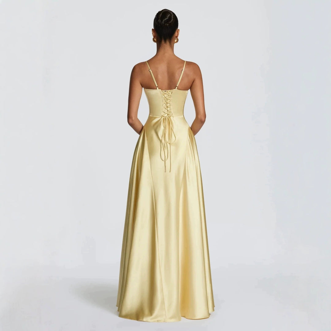 Damen elegantes Satin-Maxikleid mit raffinierten Spaghettiträgern EB
