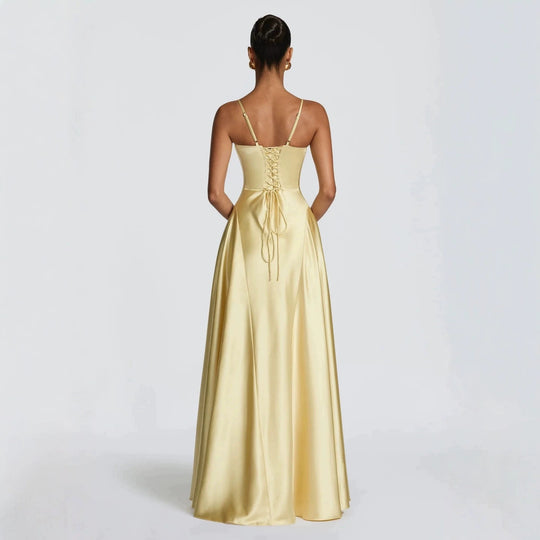 Damen elegantes Satin-Maxikleid mit raffinierten Spaghettiträgern EB