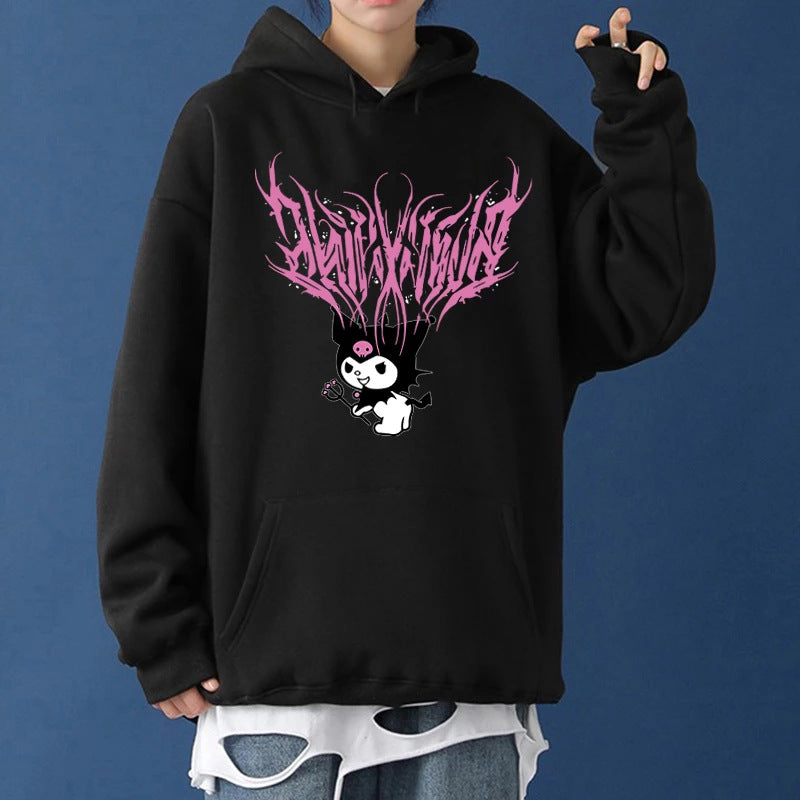 Damen nan lockeres Kapuzensweatshirt aus angerautem Fleece mit Kängurutasche und kawaii-Charakter-Print EB
