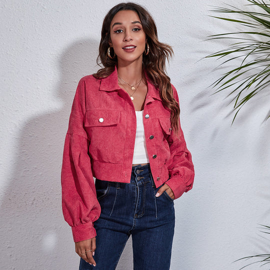 Damen Kurzjacke aus Materialmix mit lässigen Puffärmeln und großen Taschen EB