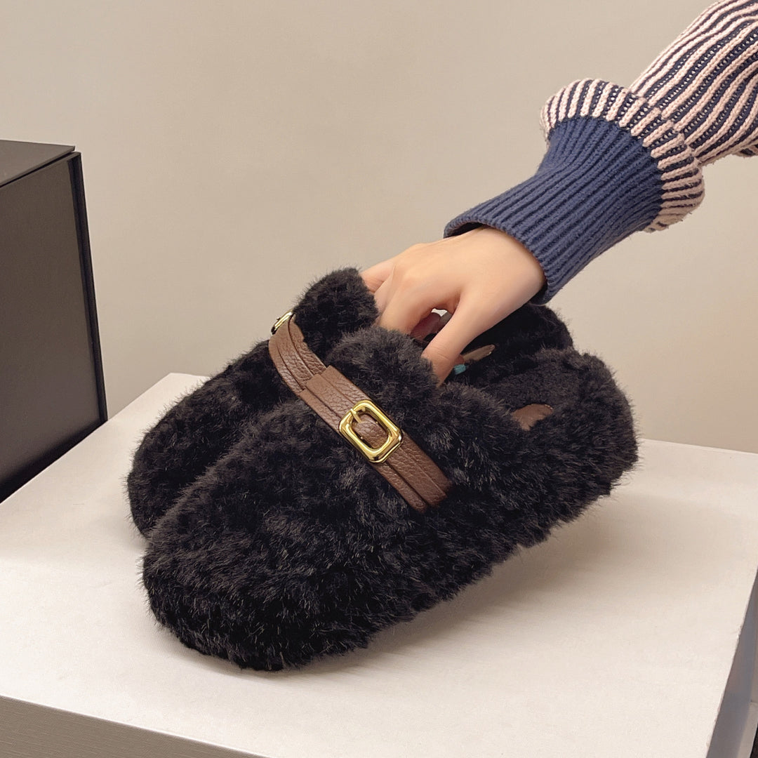 Damen Hausschuhe mit flauschigem Flausche-Obermaterial und modischem Schnallenverschluss EB