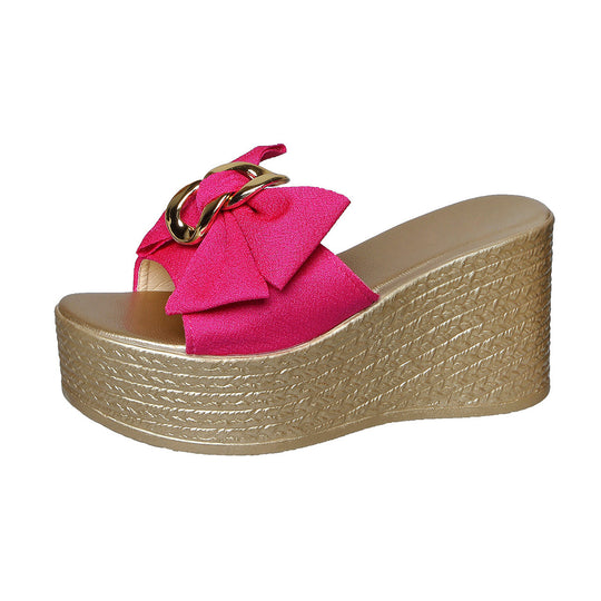Damen Wedge-Pantoletten mit großem Schleifen-Detail und goldenem Akzent EB