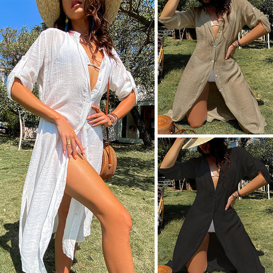 Damen lässiges Sommerkleid mit durchgehender Knopfleiste und seitlichen Taschen EB