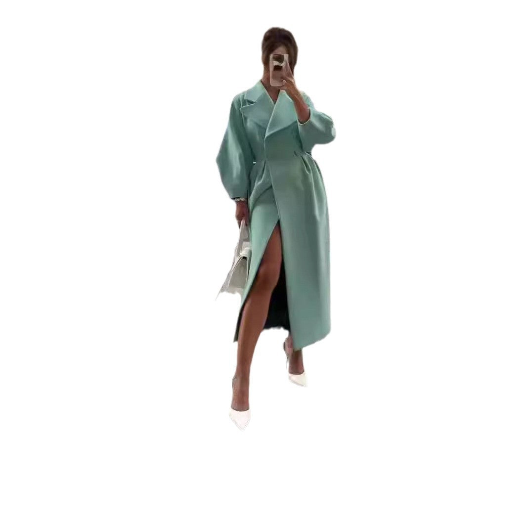 Damen nan taillierter Doppelreihiger Trenchcoat mit weitem Ärmel und hohem Beinschlitz EB