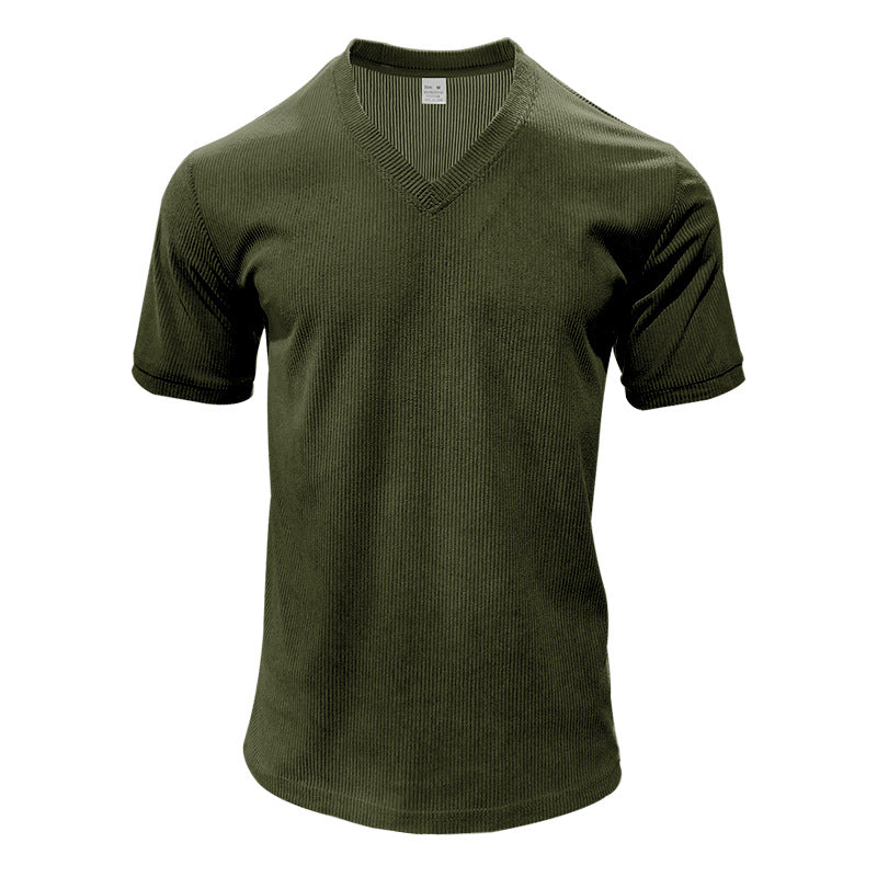 Herren nan strukturiertes V-Ausschnitt-Rippjersey-Shirt mit kurzem Arm und körpernaher Passform EB