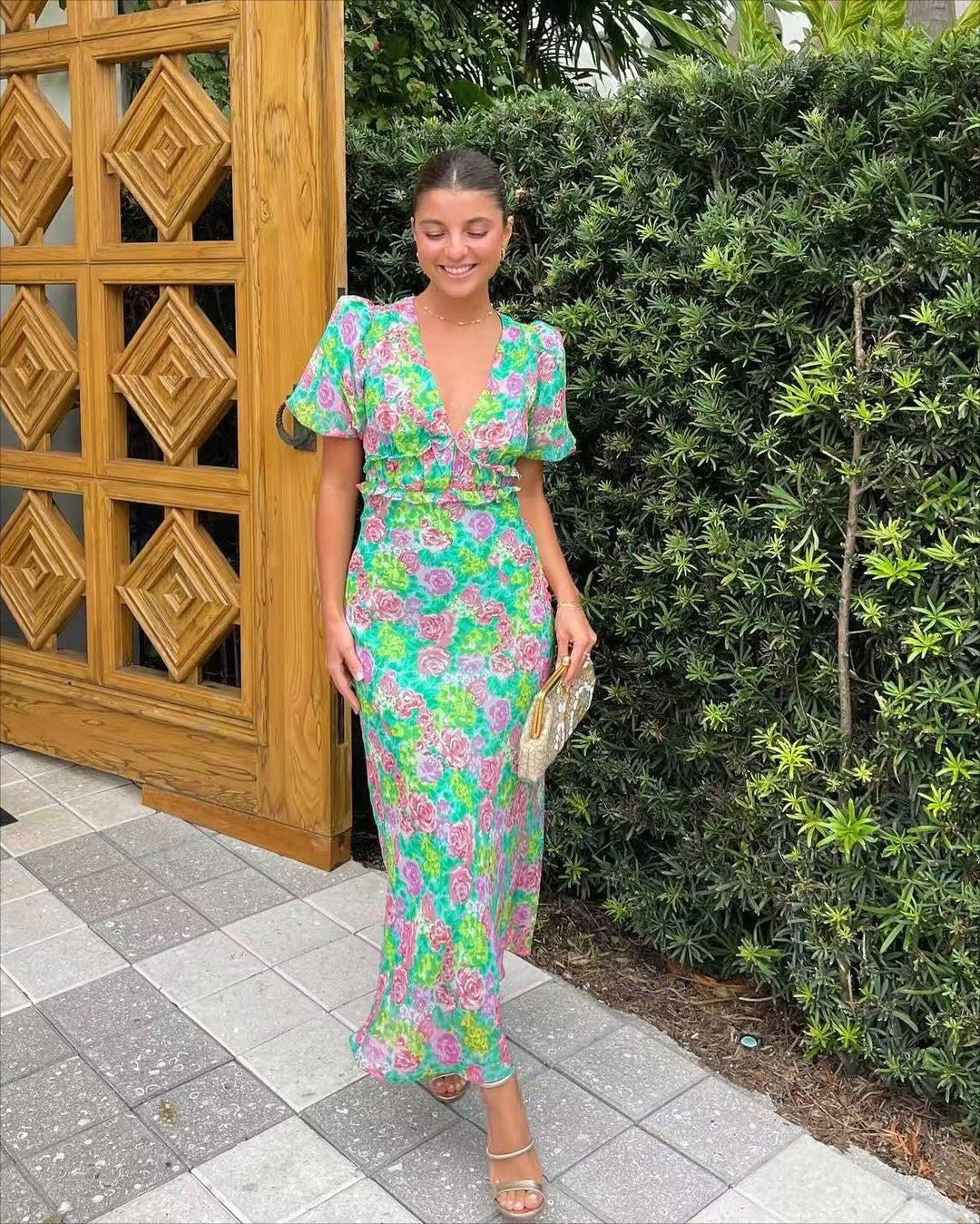 Damen Maxi-Kleid mit romantischem Flora-Design und fließendem Schnitt EB