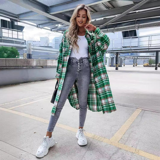 Damen Karierter Hemdblusenmantel aus weichem Baumwollmix EB