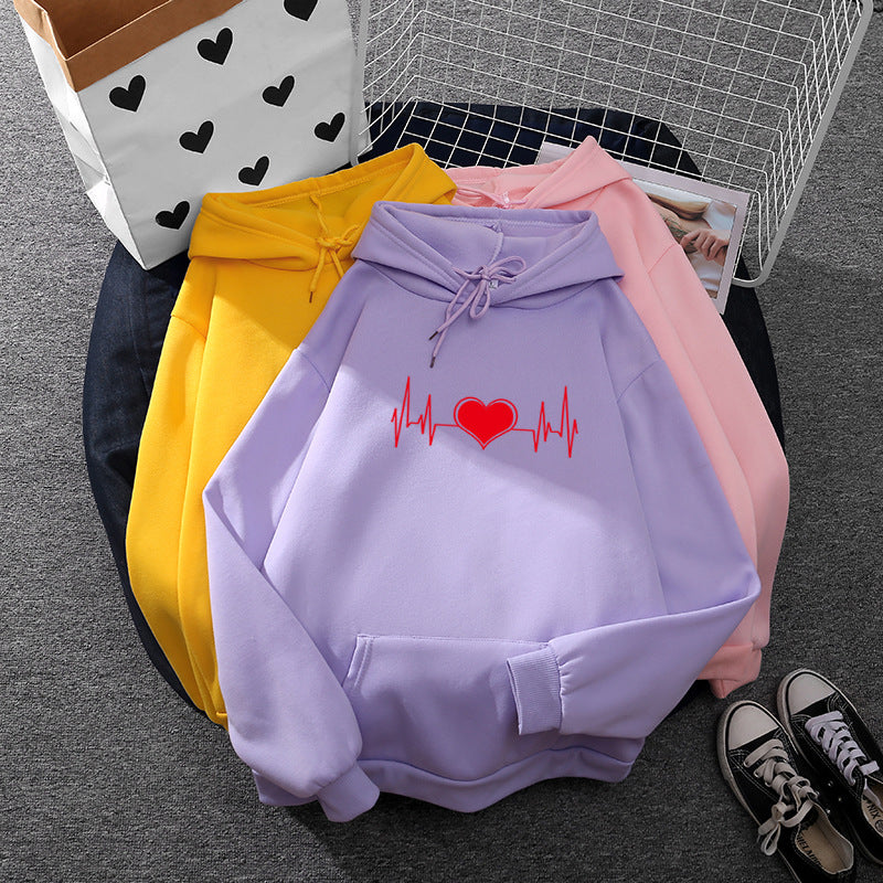 Unisex nan oversized Kapuzenpullover mit Herz-EKG-Print und Kängurutasche EB