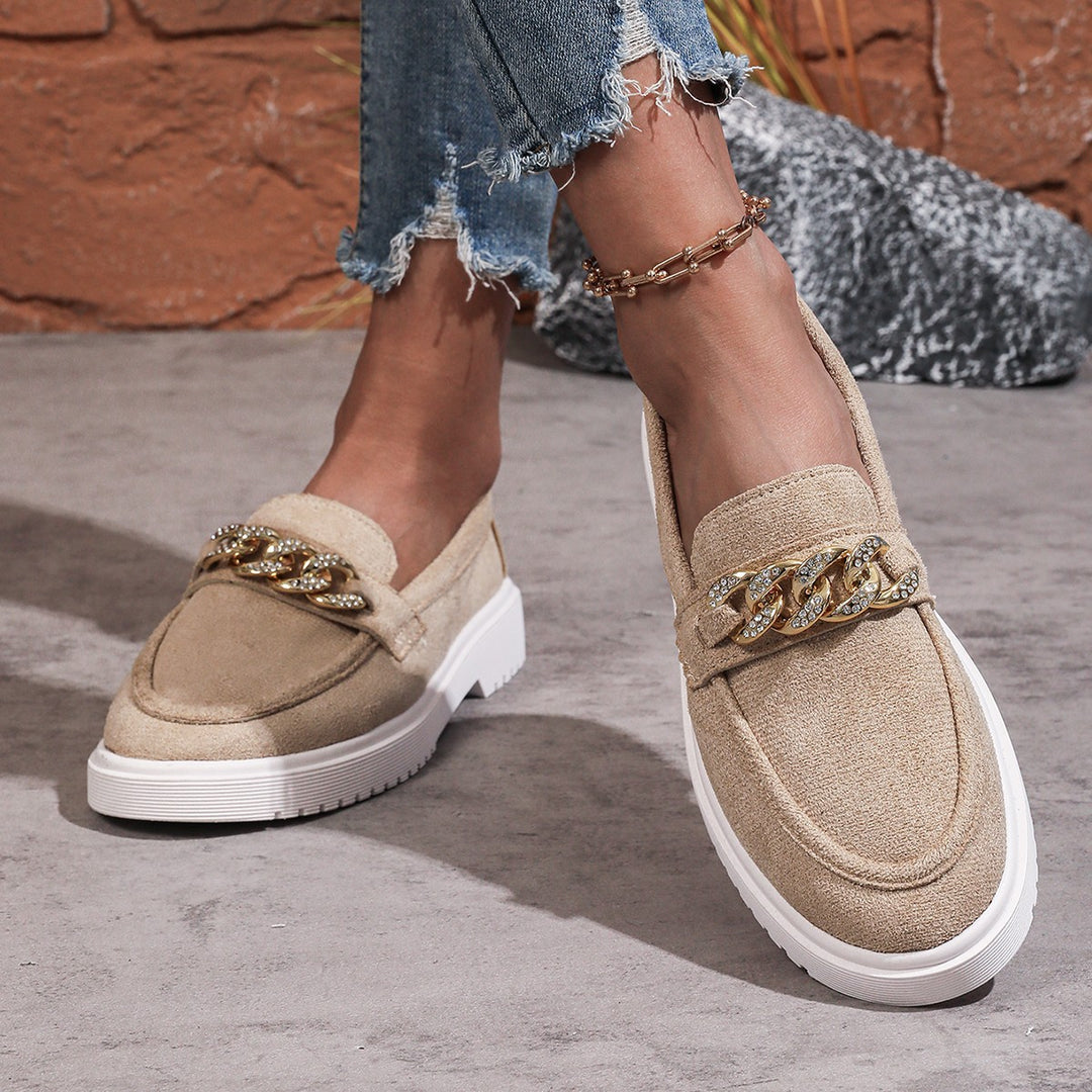 Damen  elegante Slipper mit Plateau-Laufsohle, goldener Schmuckkette und gepolstertem Komfortfußbett EB