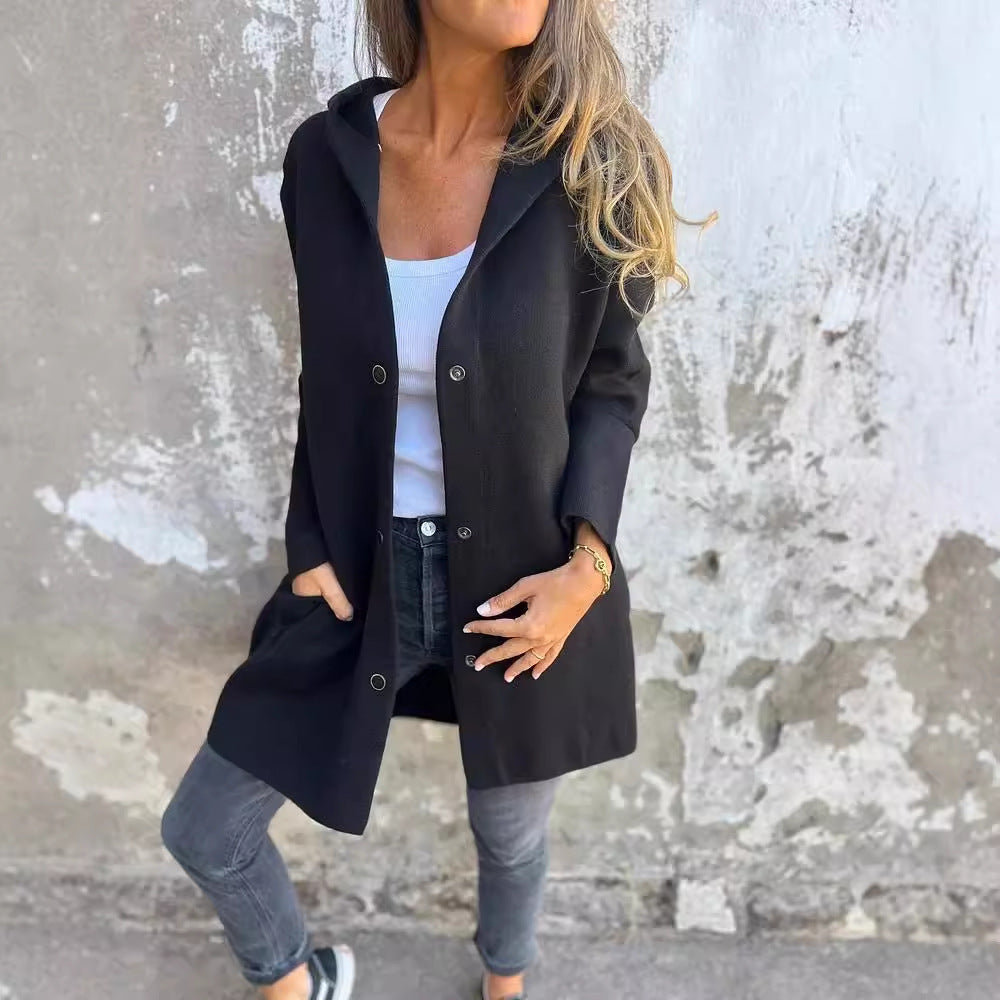 Damen nan Kapuzenmantel mittellanger Baumwollmix mit Druckknopfleiste und Eingrifftaschen EB
