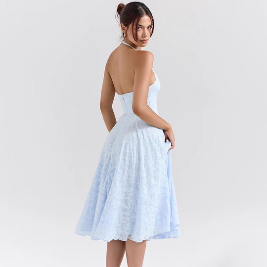 Damen Elegantes Midikleid mit tiefem V-Ausschnitt und schwingendem Rock EB