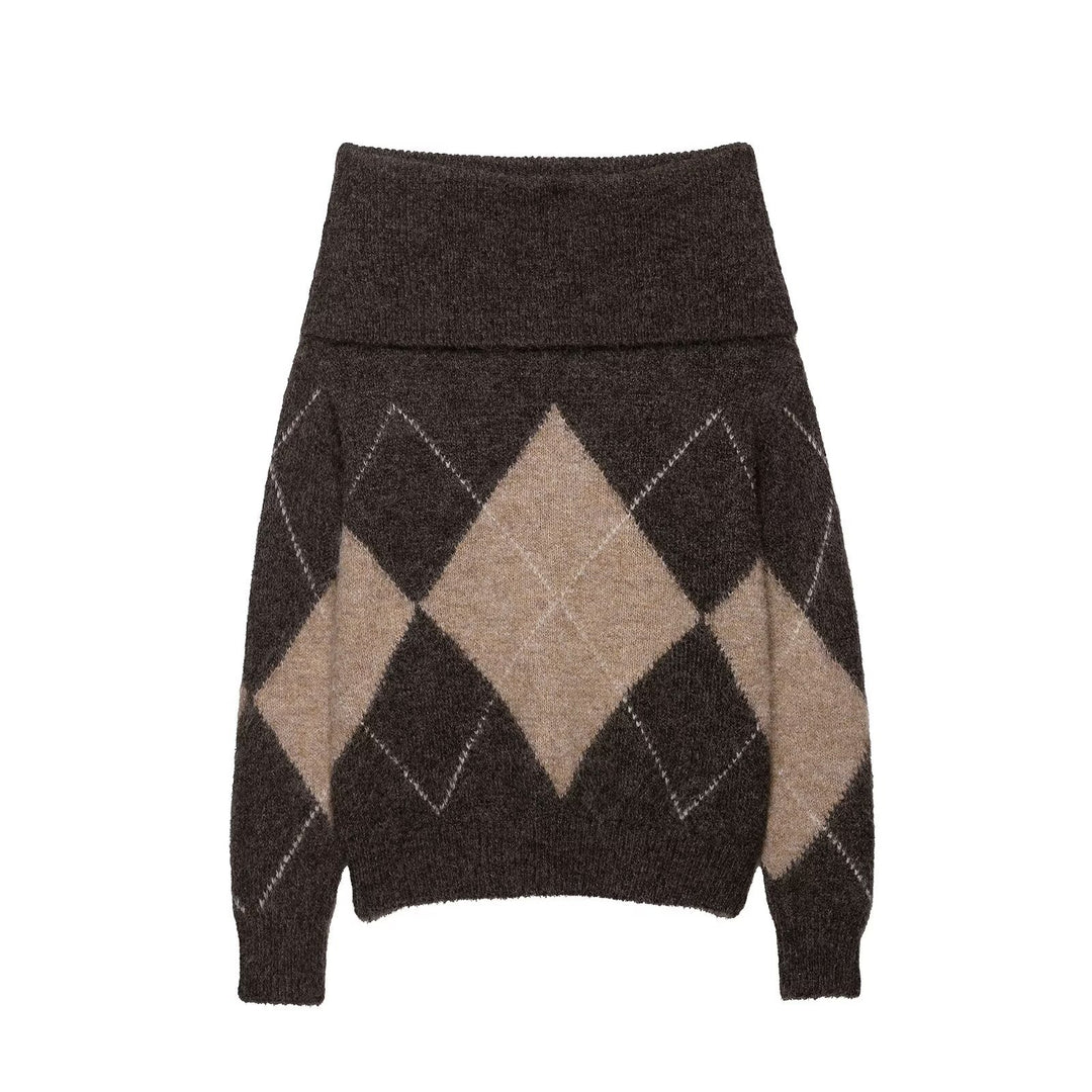 Damen lässiger Strickpullover mit modernem Rauten-Muster EB