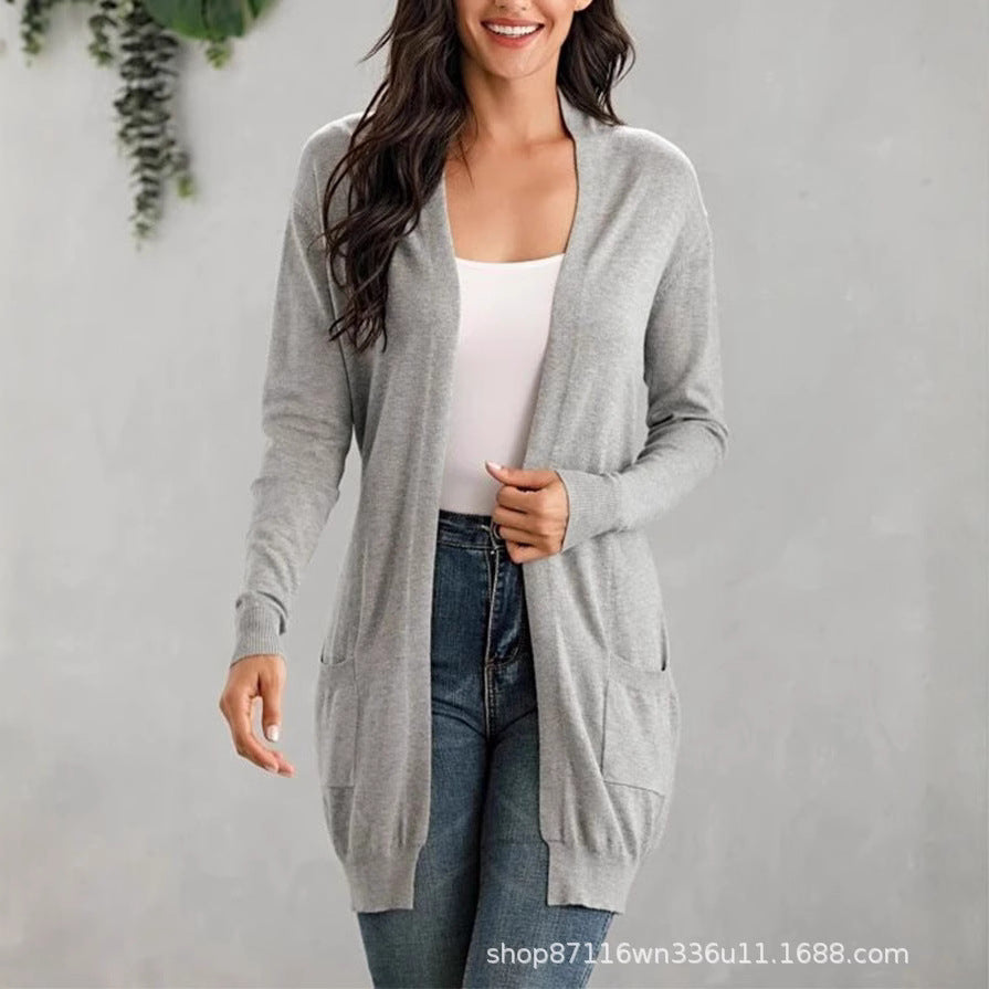 Damen Lange Strickjacke mit offenen Front und praktischen Taschen EB