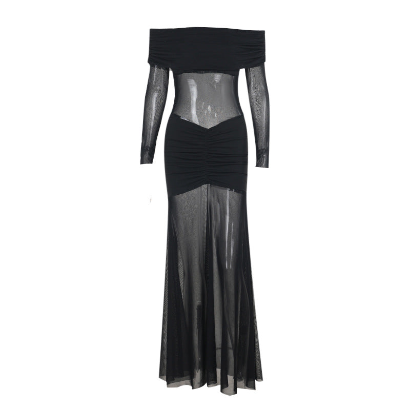 Damen durchsichtiges Maxikleid mit schulterfreiem Design und Rüschungen EB