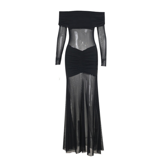Damen durchsichtiges Maxikleid mit schulterfreiem Design und Rüschungen EB
