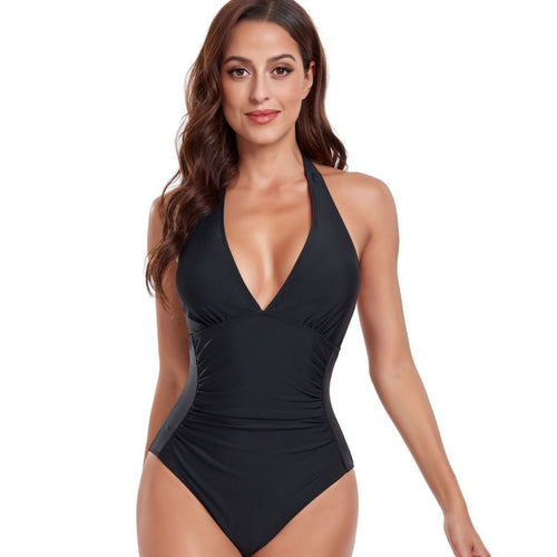 Damen Einteiler Badeanzug mit tiefem V-Ausschnitt und stilvollem Animalprint EB