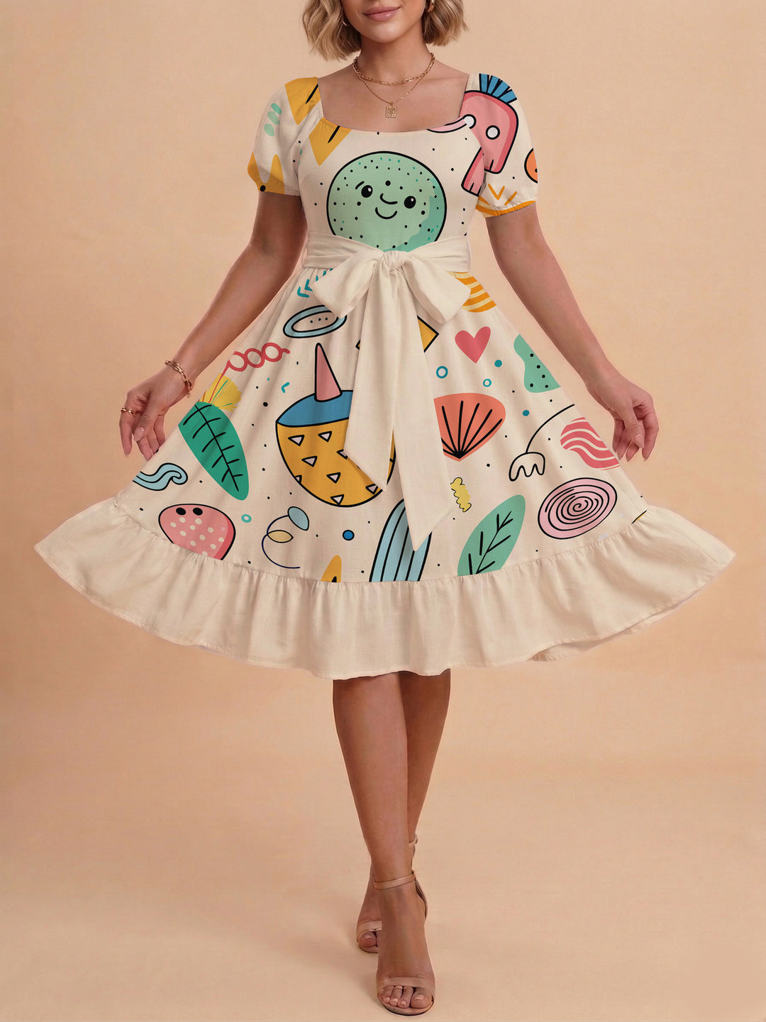 Damen Sommerkleid mit floralem Puffärmel und taillierbarem Gürtel EB