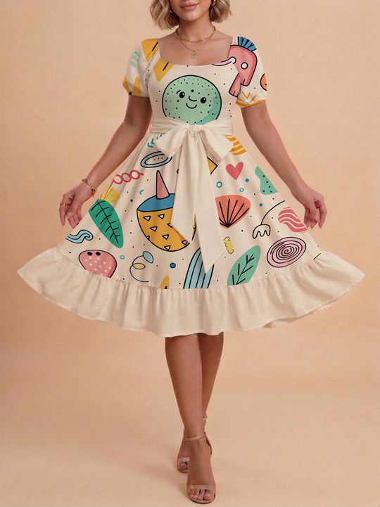 Damen Sommerkleid mit floralem Puffärmel und taillierbarem Gürtel EB
