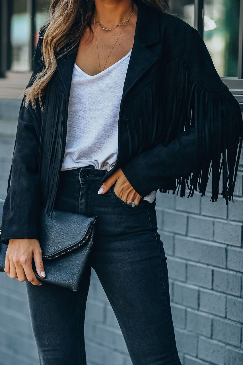 EB | Revers Langarm Fransen Crop Hippie Jacke