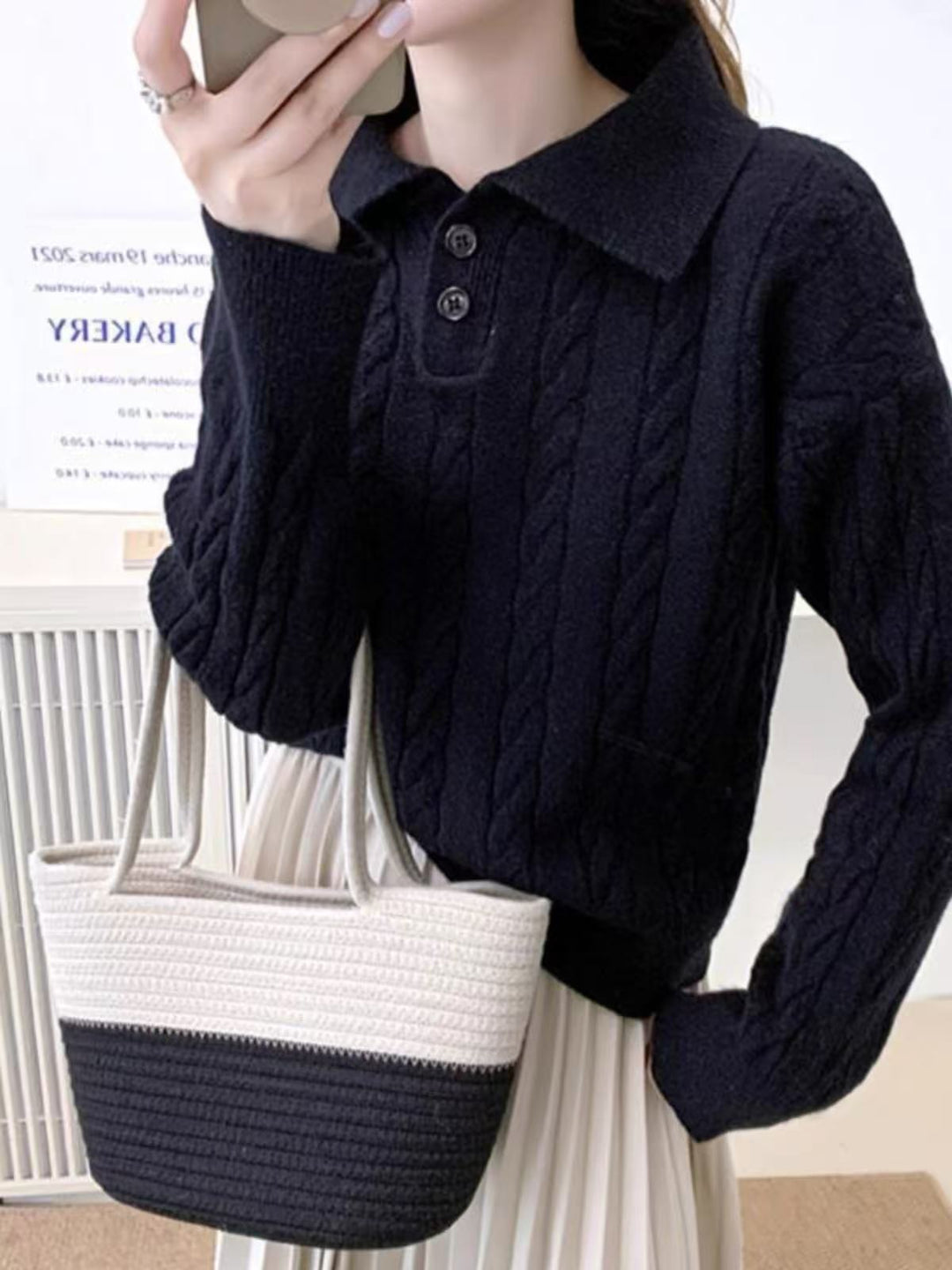 Damen Strickpullover mit Kragen und Knöpfen EB