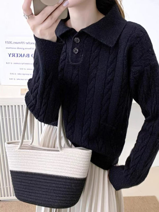 Damen Strickpullover mit Kragen und Knöpfen EB