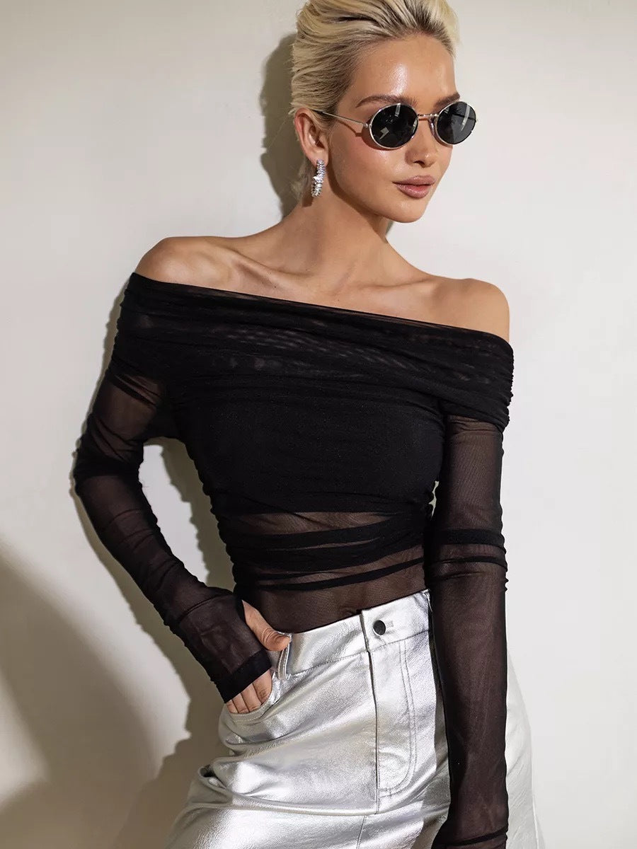 Damen Off-Shoulder Langarmshirt aus leicht transparentem Stoff mit raffiniertem Drapierungseffekt EB