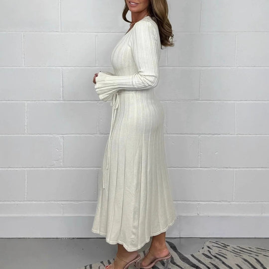 Damen Strickmaxikleid mit V-Ausschnitt und Taillenkordel EB