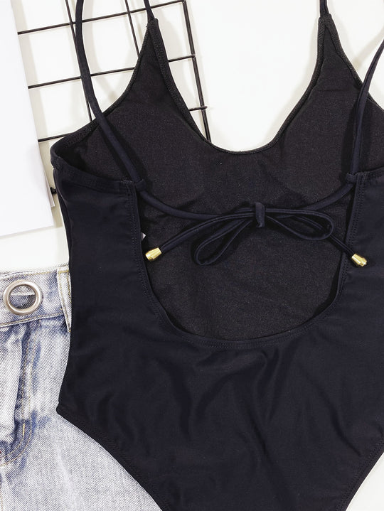 Damen Hochgeschnittener Cut-Out Badeanzug mit Bindebändern EB