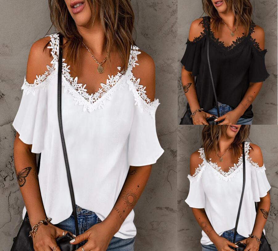 Damen Bluse mit Spitzendetails und schulterfreiem Design EB