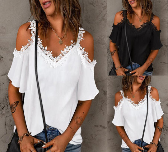 Damen Bluse mit Spitzendetails und schulterfreiem Design EB