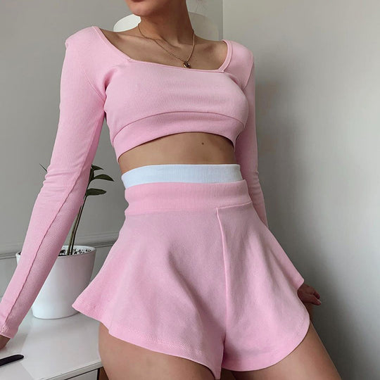 Damen Sportliches Crop-Top und Shorts Set EB
