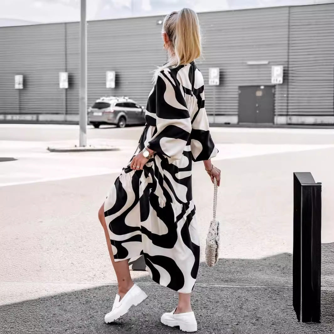 Damen Langarm Hemdblusenkleid mit modischem Muster und Taillengürtel EB