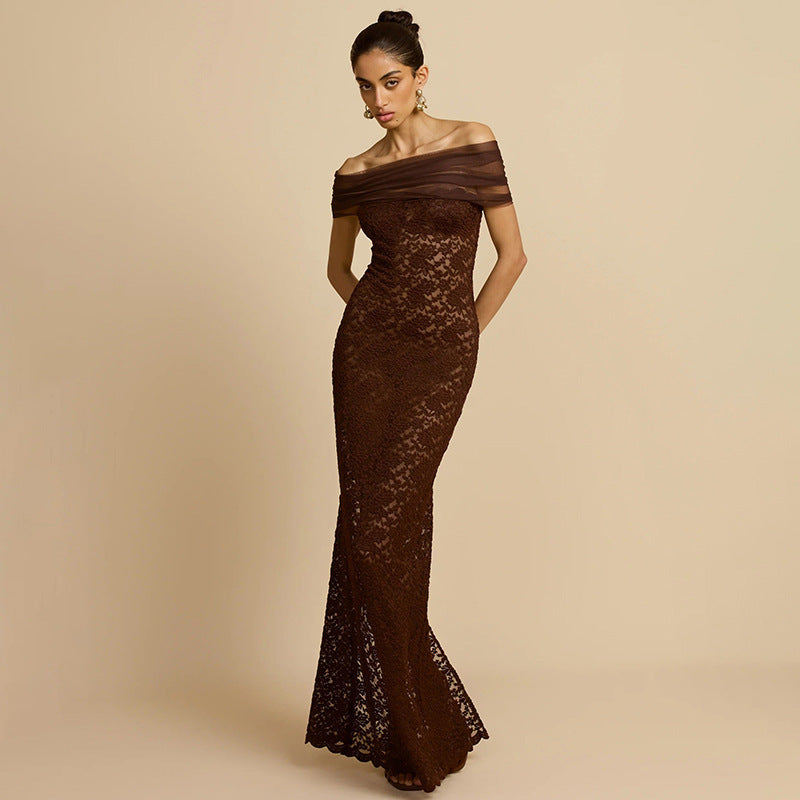 Damen Elegantes Spitzenabendkleid mit schulterfreiem Design und raffiniertem Schlitz EB